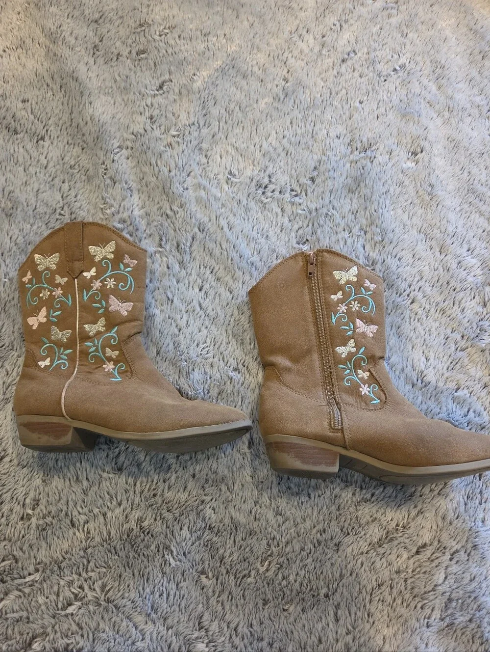 Girls Magellan Tan Suede Embroidered Western Boots with Floral Butterflies